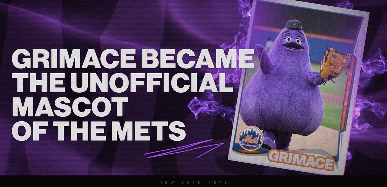 Mets baseball card of Grimace (McD) with the words: Grimace became the unofficial mascot of the mets